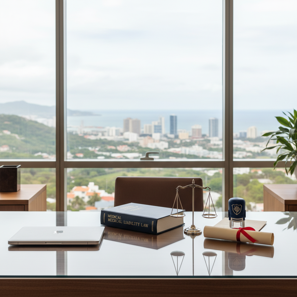 An elegant, glass-topped executive desk in a boutique Puerto Rican law office, displaying a balanced arrangement of a closed silver laptop, a thick hardcover book titled “Medical Liability Law,” a small metallic scale of justice sculpture, and a navy-blue notary seal resting atop a parchment-style document. The desk sits near a floor-to-ceiling window overlooking a distant coastal skyline, with soft overcast daylight diffused through the glass, creating a gentle, even illumination. Photographic realism with a wide, eye-level composition, crisp focus throughout, and a calm, orderly mood that conveys professionalism, discretion, and the firm’s dual expertise in medical malpractice defense and notarial matters.