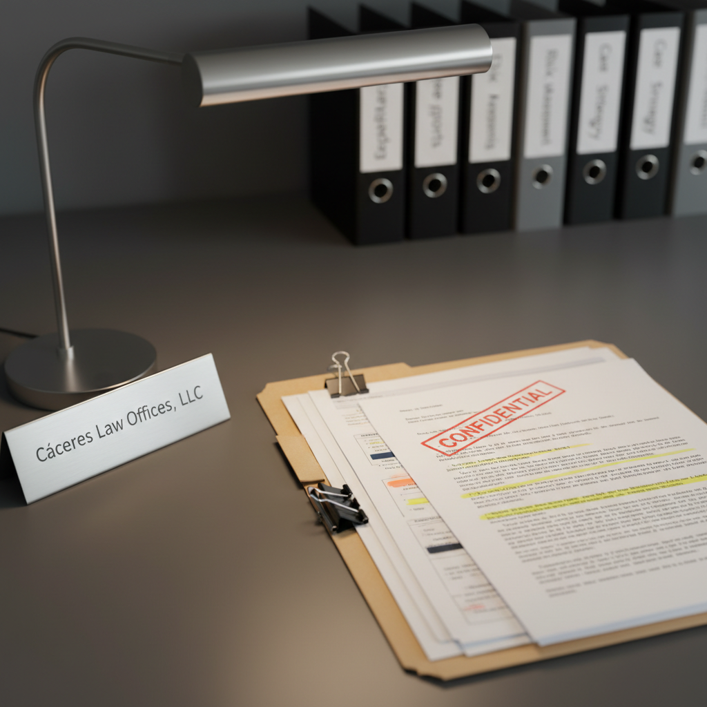 A close-up of a meticulously organized medical defense case file on a smooth charcoal-gray desk, featuring a thick manila folder stamped “CONFIDENTIAL,” neatly clipped medical charts, and a highlighted typed legal memorandum referencing Puerto Rico statutes. A brushed metal desk nameplate simply reads “Cáceres Law Offices, LLC,” beside a minimalist stainless steel desk lamp casting warm, focused light over the documents. In the background, out of focus, stand rows of upright binders labeled “Expert Reports,” “Risk Management,” and “Case Strategy.” Photographic realism with a slightly elevated angle, creating a clean, modern, and composed mood that suggests precision, discretion, and professional attention to detail.
