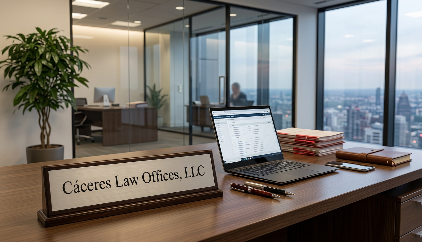 Desk in a law office with a nameplate reading Cáceres Law Offices, LLC, laptop displaying emails, pens, smartphone, and stacked legal folders in front of large windows with city view.